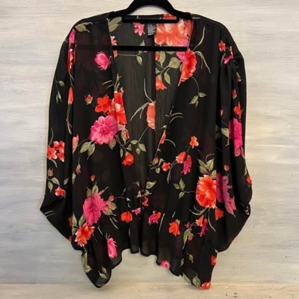 Mlle Gabrielle Sheer Floral Print Short Kimono Style Duster Cover Up Size 20 GC